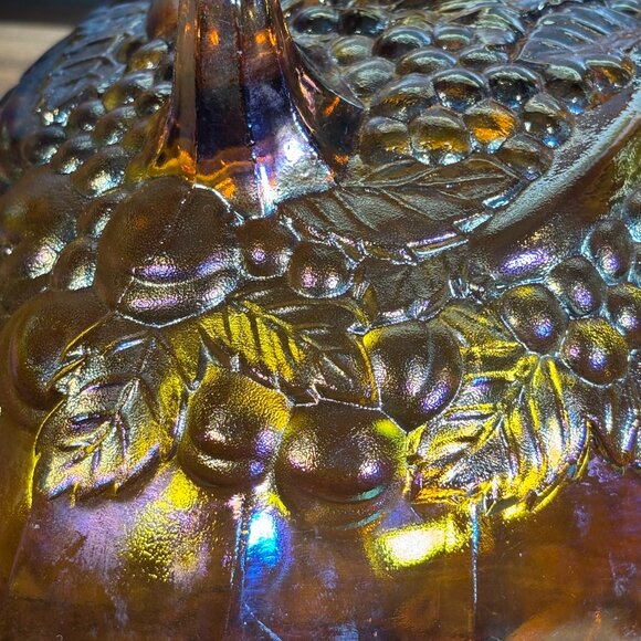 Vintage Indiana Glass Harvest Grapes Carnival Glass Footed Oval Fruit Bowl - Picture 10 of 16